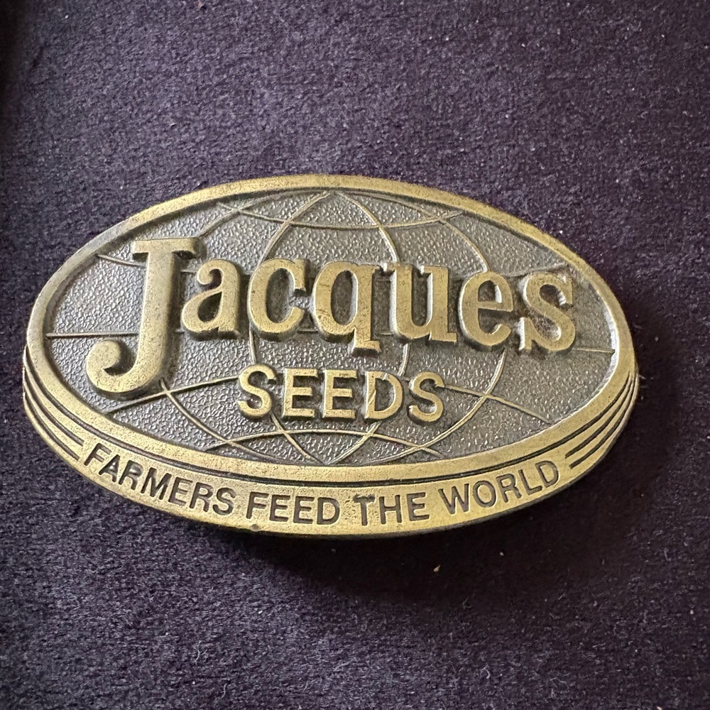 Vintage Jacques Seeds, Farmers “Feed The World” Brass Buckle 1977 Lewis Corp